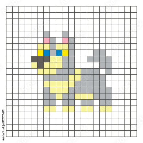 A flat pixel design made of geometric square color blocks on a clean grid layout. Pixel art dog