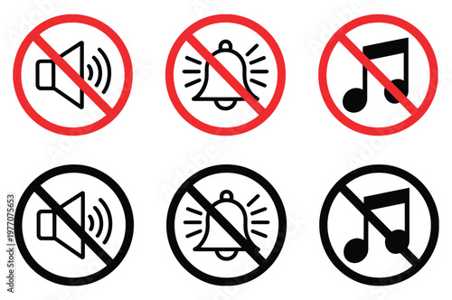 Mute Icons, No Sound Bell And Music Note Symbols, Audio Off Icon Set, Prohibition And Silence Graphics, Sound Control Illustration, Notification Symbols, Media Interface Icons, Silent Mode