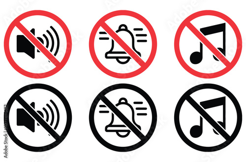 Mute Icons, No Sound Bell, Music Note Symbols, Prohibition Signs, Audio Off Illustration, Sound Control Graphics, Silent Mode Symbols,