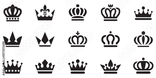 Decorative crown symbols collection featuring various artistic shapes for royalty and noble status representation.