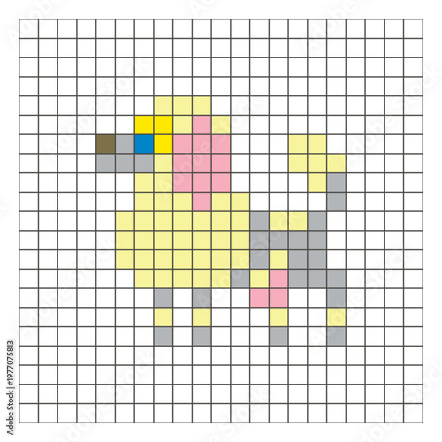 A flat pixel design made of geometric square color blocks on a clean grid layout. Pixel art dog