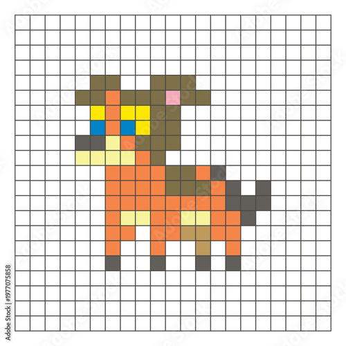 A flat pixel design made of geometric square color blocks on a clean grid layout. Pixel art dog