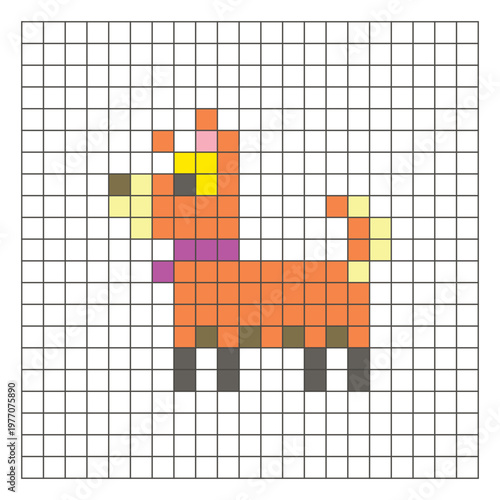 A flat pixel design made of geometric square color blocks on a clean grid layout. Pixel art dog