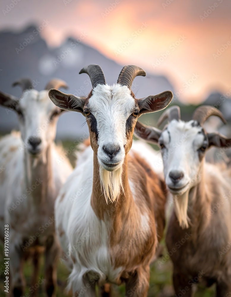Obraz premium Three goats, close-up, gazing at the camera, mountain backdrop, sunset sky