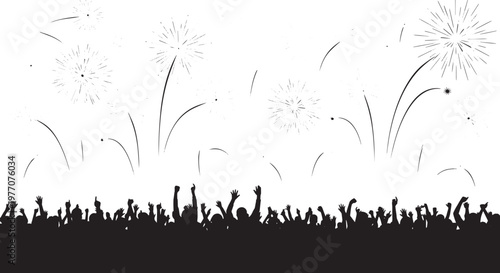 Silhouette of cheering crowd with raised hands and fireworks background for celebration and festival vector illustration
