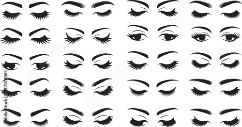 Set of beautiful female eyes and long eyelashes silhouettes vector illustration for makeup and lash extensions beauty salon
