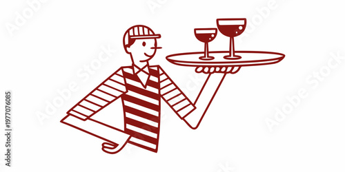 A waiter carries two glasses of red wine on a serving tray