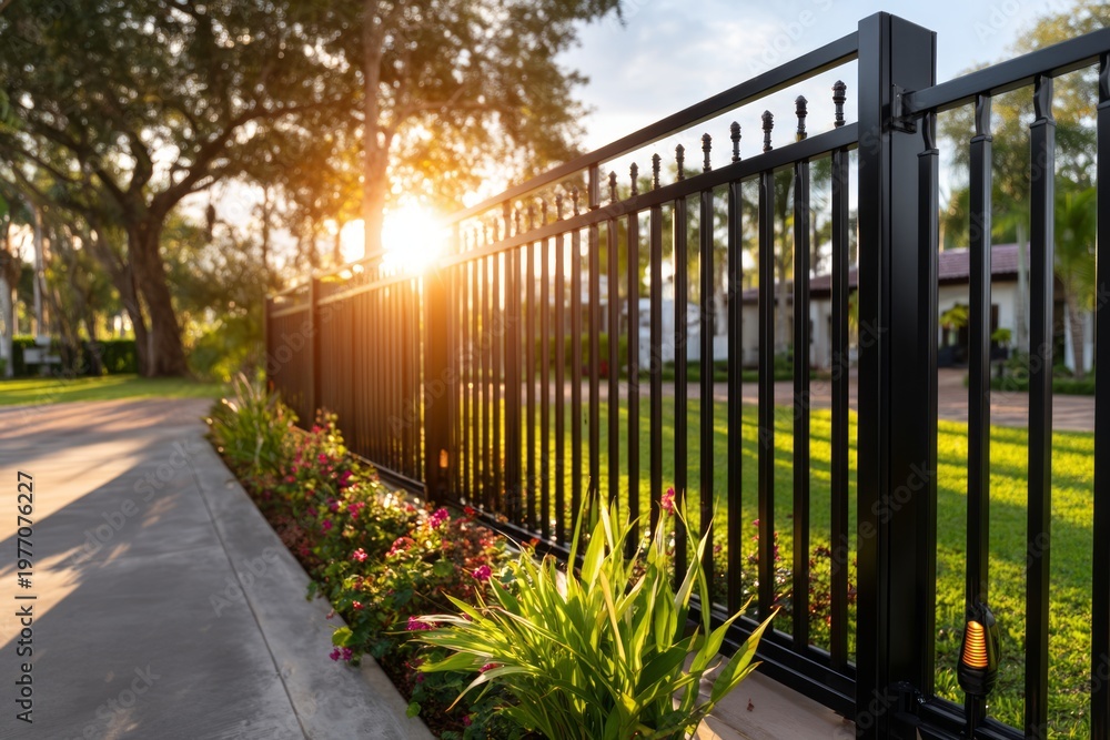 Fototapeta premium Modern Reinforced Gate with Motion Lights Under the Sun in a Beautiful Landscape