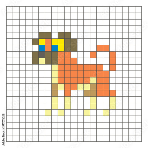 A flat pixel design made of geometric square color blocks on a clean grid layout. Pixel art dog