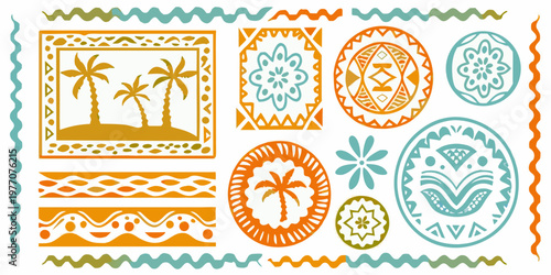 Colorful tropical patterns and motifs arranged on a white background