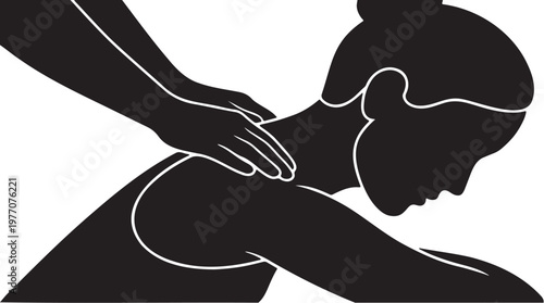 Massage therapy silhouette vector, professional neck and shoulder massage icon, woman receiving spa treatment at wellness center, black and white bodywork illustration for salon branding