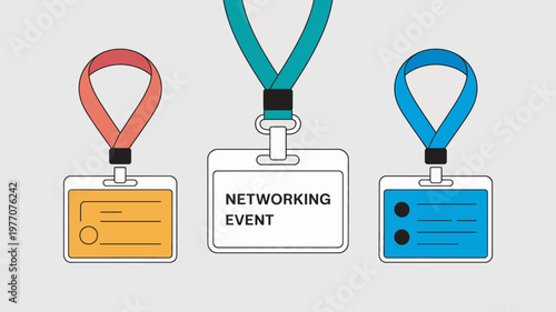 A graphic illustration of three colorful name tags with lanyards for a networking event or conference