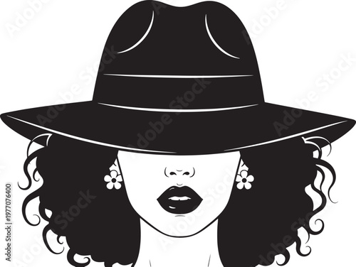 Portrait of a stylish woman with curly hair wearing a wide-brimmed fedora hat vector illustration
