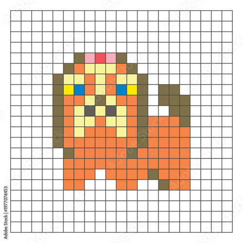 A flat pixel design made of geometric square color blocks on a clean grid layout. Pixel art dog