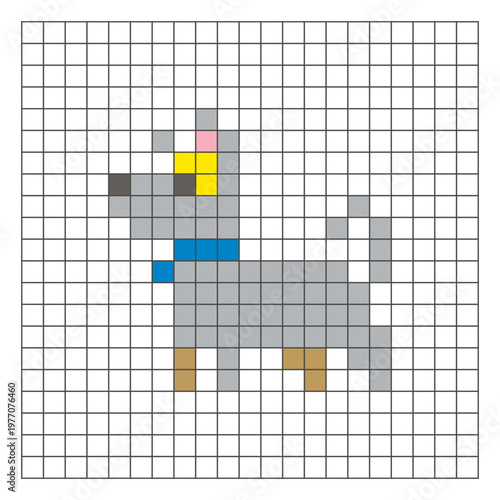 A flat pixel design made of geometric square color blocks on a clean grid layout. Pixel art dog