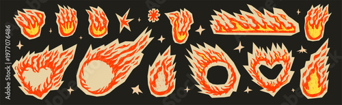Hot promo sale stickers. Flame doodles in crayon, hand-drawn fire with grunge textures. Retro promo cutouts and text boxes for creative project. Vector bonfire and sale heart frames, borders isolated.