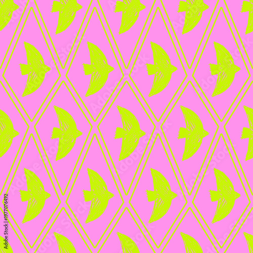 Vibrant bird fashion seamless pattern with lime green crayon silhouettes on hot pink harlequin. Dopamine colors birds sketch a neon seamless vector pattern for fashion and textile. Print for fabric.