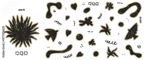 Paper cutout bird and sun with folklore marker texture for boho scrapbook. Bird shapes and starburst in dark crayon on light paper. Vector boho collage set with folk paper cutout elements isolated.