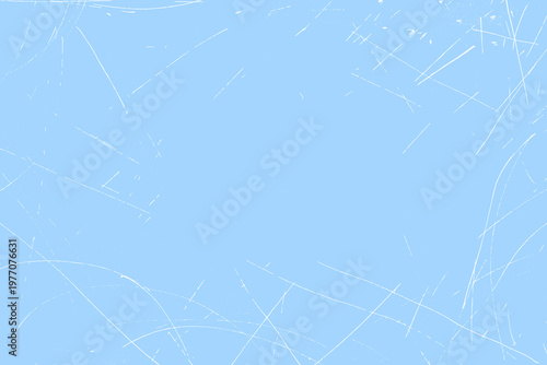 White grunge messy ice lines and scratches texture background. Blue grunge backdrop with worn dirty effect. Winter skate rink with icy dust and sharp and chaotic uneven random scratch. Vector texture.