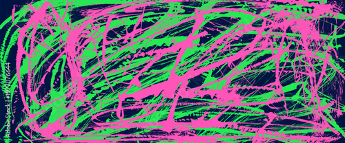 Abstract paint brush stroke background. Rough green and pink neon angular brush textures, dynamic stroke patterns, and graphic spray effects with punk grunge aesthetic. Vector urban street colors bg.