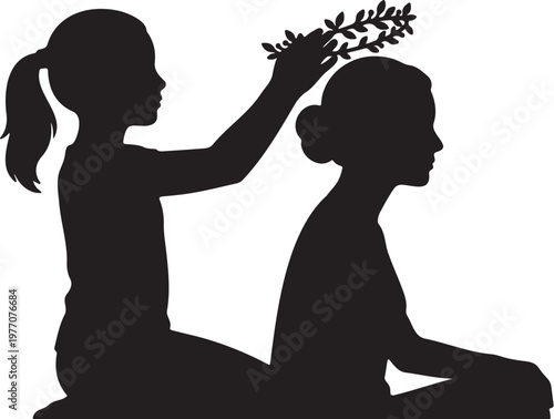 Black silhouette of a young girl placing a laurel wreath on a woman's head, mother and daughter bonding moment vector, female figures in profile with floral crown