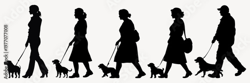 Silhouettes walking dogs together vector element set
