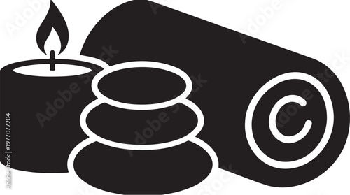 Minimalist spa icon vector with zen basalt stones and burning candle. Black and white wellness massage therapy symbol. Relaxing aromatherapy and skincare treatment graphic for beauty salon