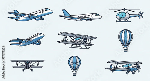 Collection of vintage and modern aircraft and hot air balloons.