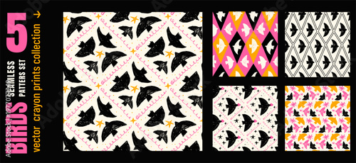 Crayon bird silhouettes in harlequin argyle seamless pattern for fashion print. Geometric seamless pattern with bird motif and bold contrast. Hand drawn vector collection in retro checkered design.