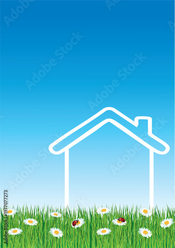 A4 real estate flyer for spring featuring a house and daisies. Vertical hand-drawn vector illustration.