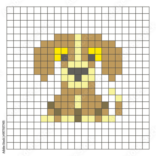 A flat pixel design made of geometric square color blocks on a clean grid layout. Pixel art dog