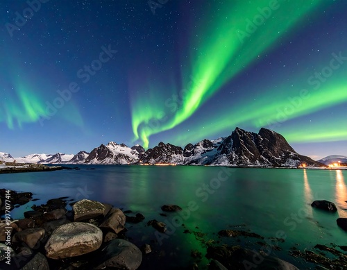 Spectacular Aurora Borealis Over Snow-Capped Mountains and Reflecting Water.