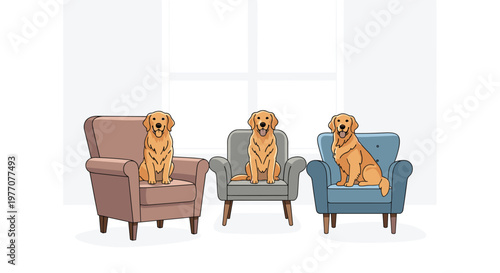 Three adorable golden retriever dogs sit patiently on brown grey and blue upholstered armchairs within a minimalist bright living room setting today.
