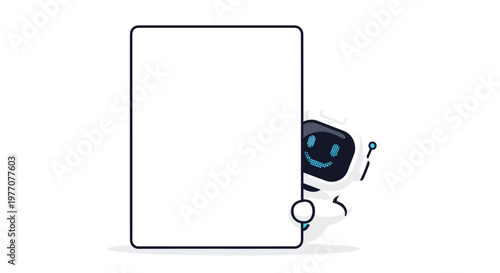 A friendly white futuristic robot with a glowing blue digital smiley face peeks curiously from behind a large blank vertical white rectangular sign board.