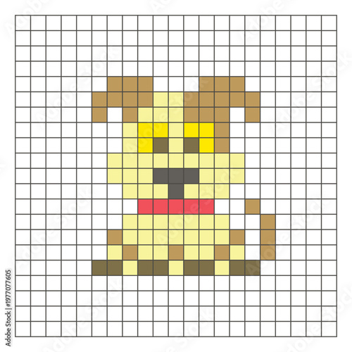 A flat pixel design made of geometric square color blocks on a clean grid layout. Pixel art dog
