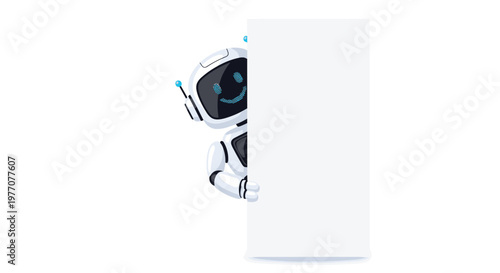 A charming white humanoid robot with a glowing blue digital face peeks curiously from behind a large blank vertical white board against a clean background.