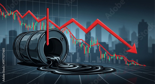 Oil barrel spilling crude oil with a downward trending stock market graph.