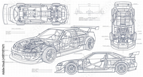 Detailed Blueprint Schematics of a Sports Car.