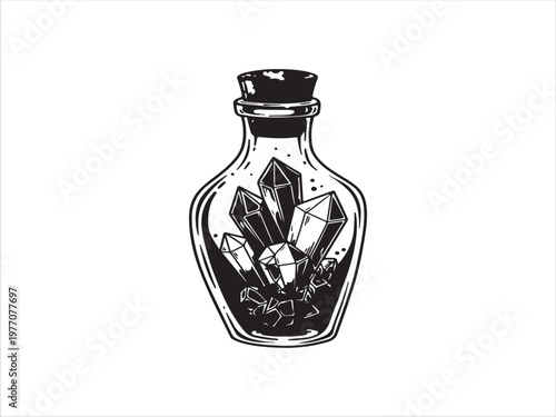 Black and white illustration of crystal filled vintage bottle with stopper