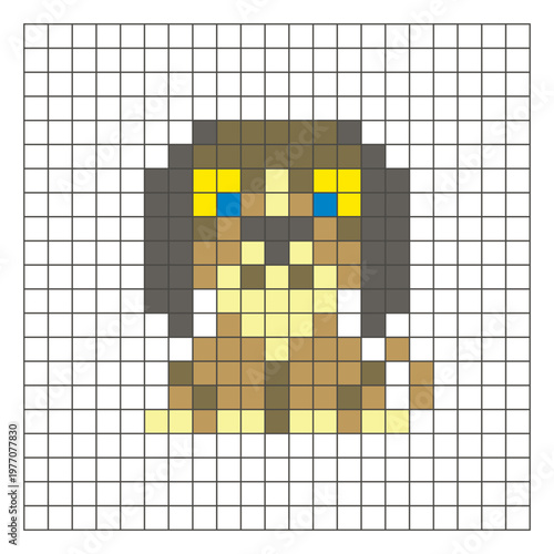 A flat pixel design made of geometric square color blocks on a clean grid layout. Pixel art dog