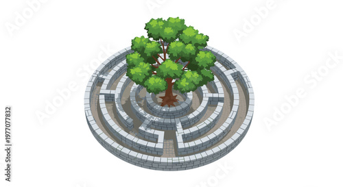 A vibrant green deciduous tree with a sturdy brown trunk grows prominently at the very center of a complex circular grey stone brick labyrinth structure.