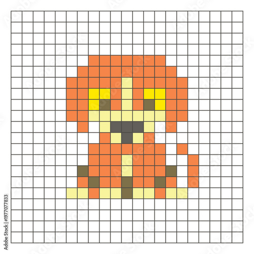 A flat pixel design made of geometric square color blocks on a clean grid layout. Pixel art dog