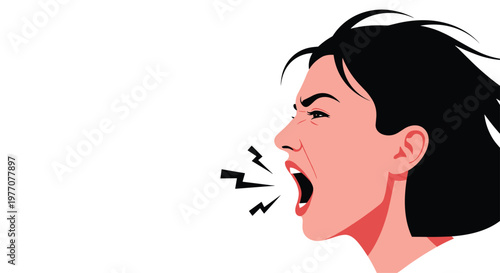 An expressive illustration captures a woman yelling with great intensity as her dark hair blows back and small black sparks fly from her wide open mouth.