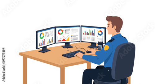 A professional security guard in a blue uniform sits at a wooden desk while monitoring multiple computer screens displaying colorful analytical data and charts.