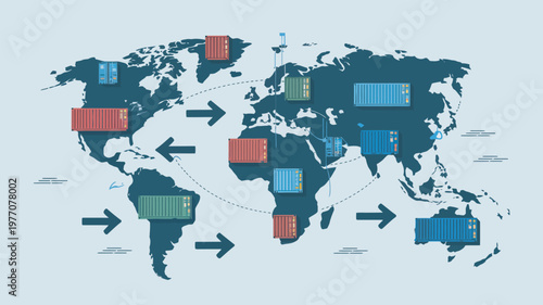 A colorful illustration of global shipping routes on a world map with cargo containers