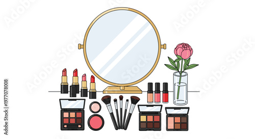 A pristine vanity setup displays a large circular gold mirror surrounded by meticulous arrangements of lipsticks, makeup brushes, and a fresh pink flower.