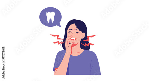A distressed woman wearing a purple t-shirt clutches her aching jaw while experiencing intense toothache pain indicated by sharp red lightning symbols.