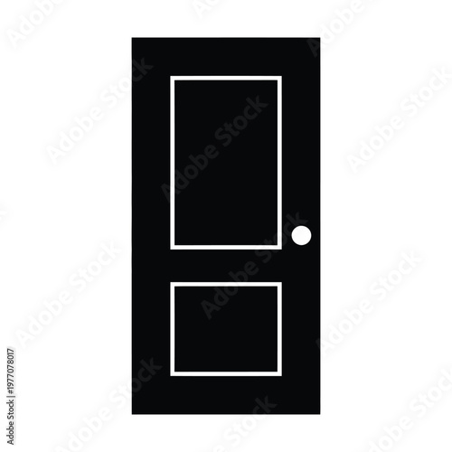 A stark black door with two rectangular panels and a knob presented as a silhouette