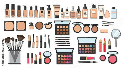 An extensive collection of professional cosmetic products including various foundation bottles, eyeshadow palettes, and makeup brushes is neatly organized.