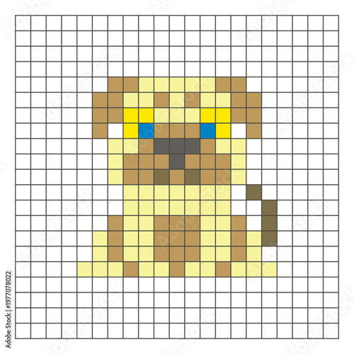 A flat pixel design made of geometric square color blocks on a clean grid layout. Pixel art dog